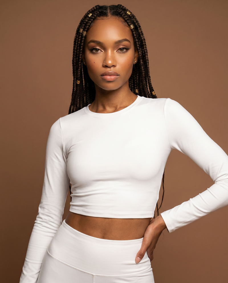 Siena white long sleeve crop top, side view