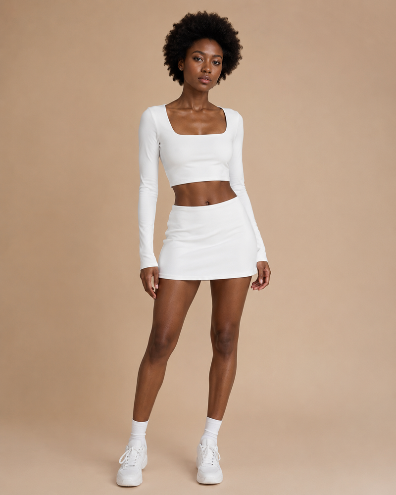 Zena white long sleeve crop top, side view